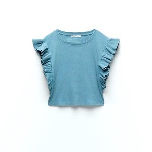 Zara Washed Effect Ribbed T-Shirt Ruffle Sleeve - Size M.